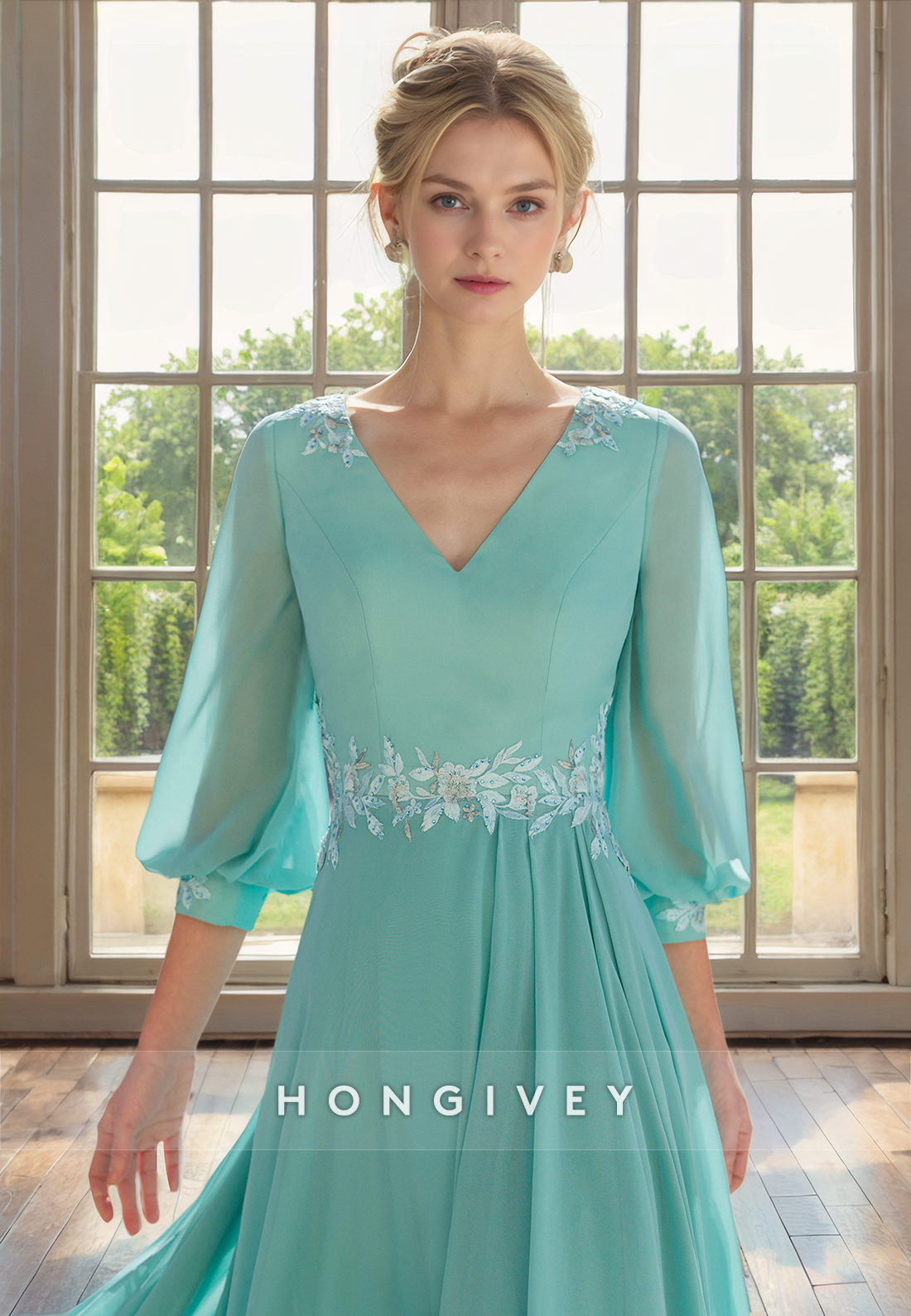 Aline Vneck / Sleeves Appliques Empire Chiffon Mother Of The Bride Dress