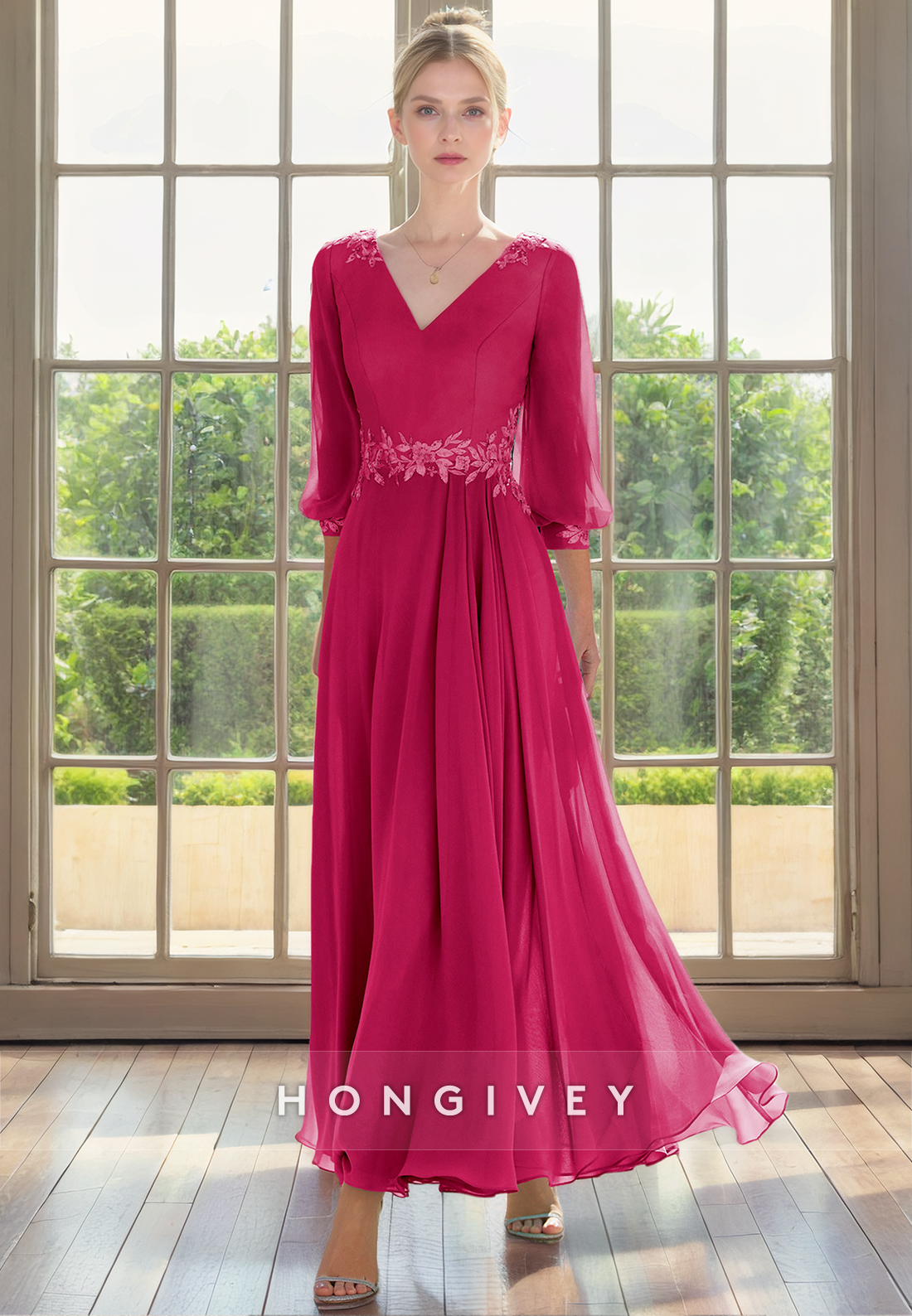 Aline Vneck / Sleeves Appliques Empire Chiffon Mother Of The Bride Dress