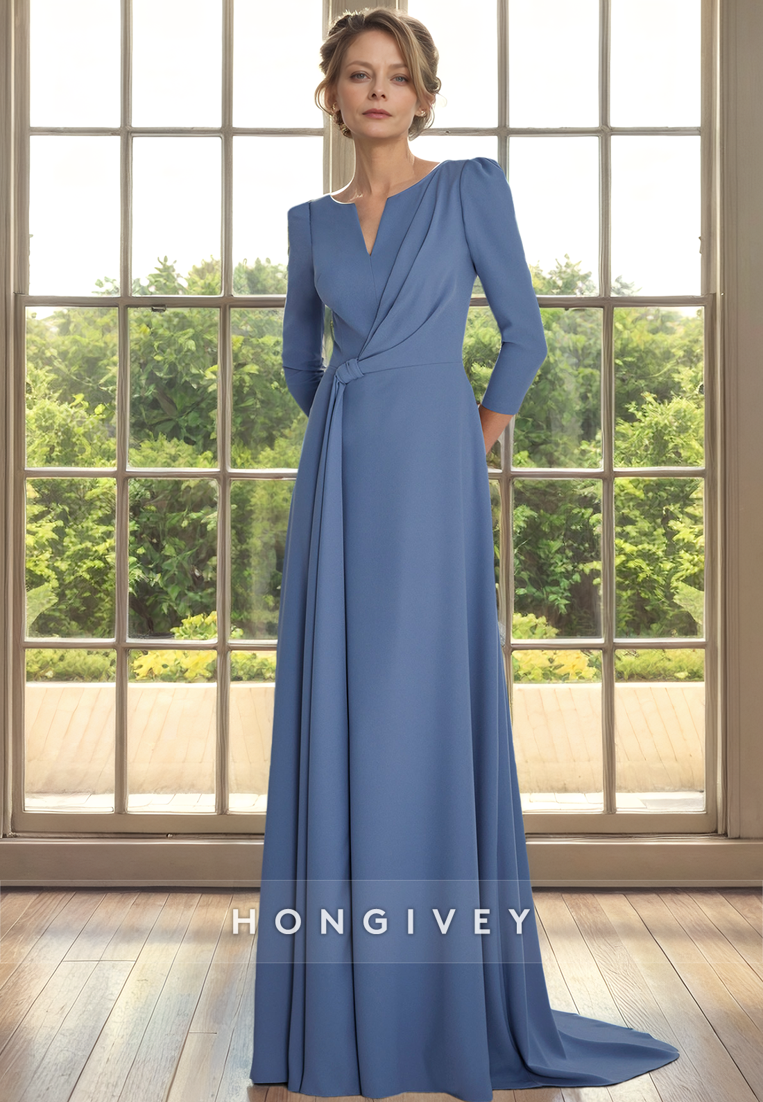 Aline Scoop / Sleeves With Sweep Train Cocktail Evening Dress