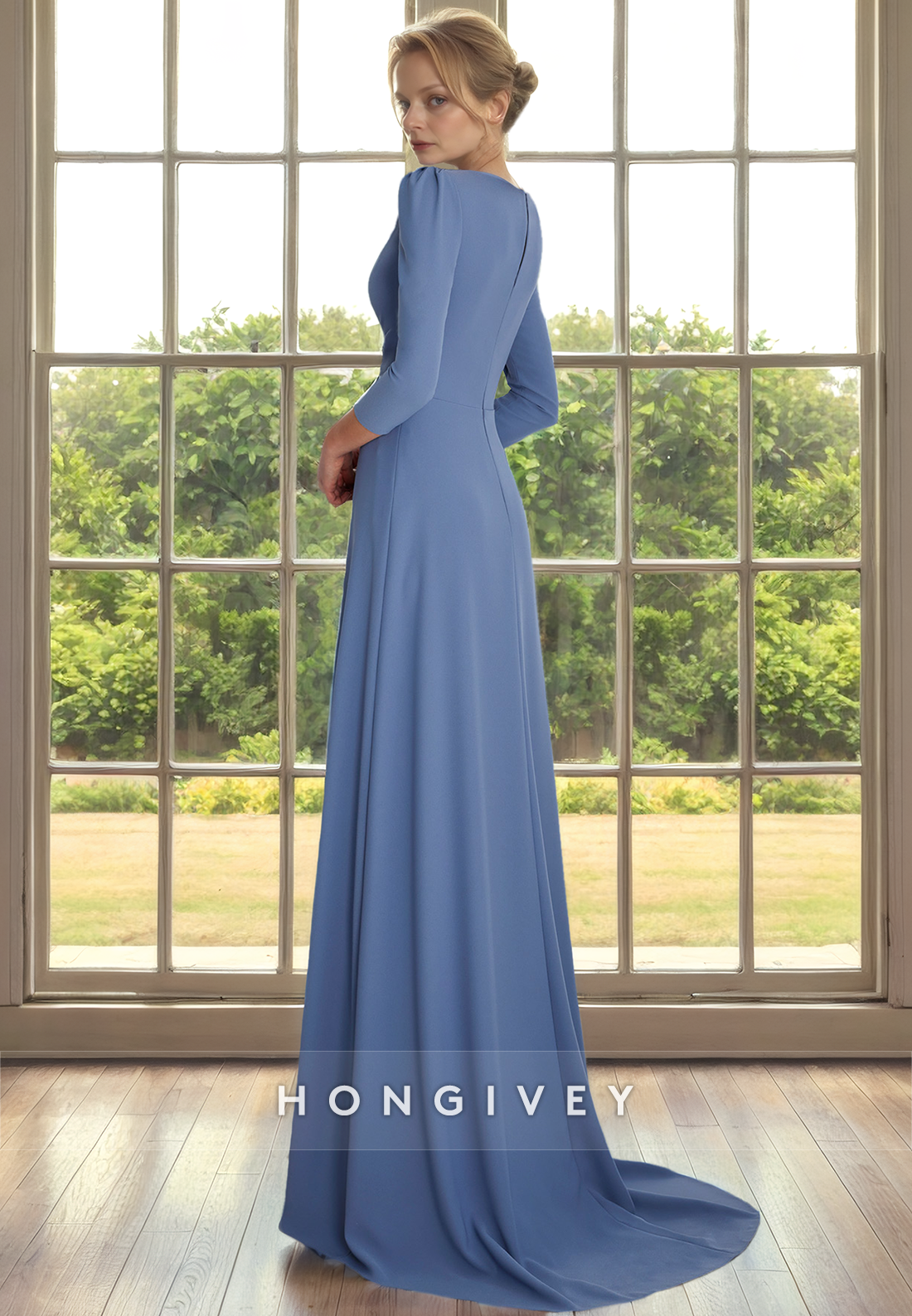 Aline Scoop / Sleeves With Sweep Train Cocktail Evening Dress