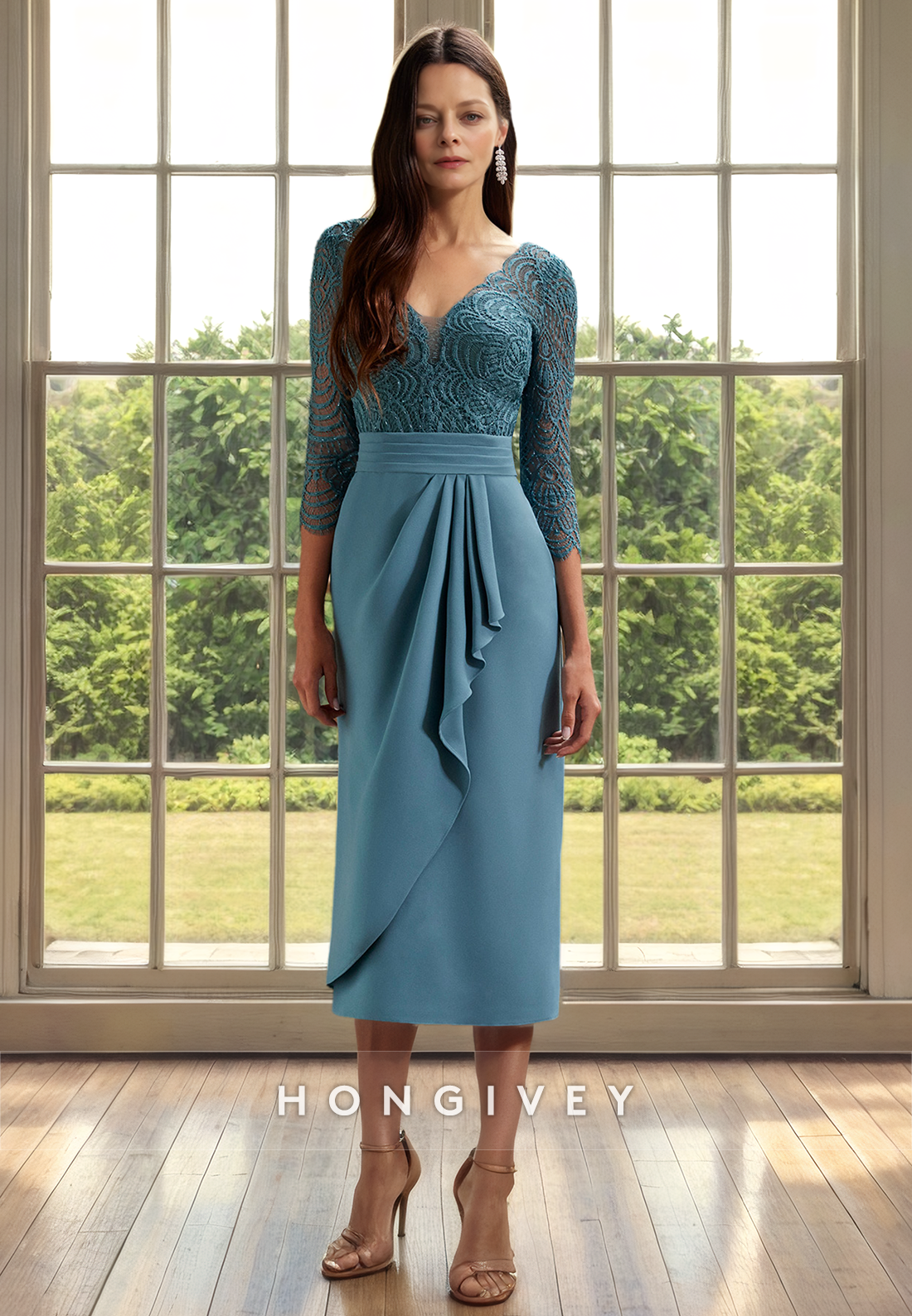 Vneck / Sleeves Ruffled Tealength Cocktail Evening Dress