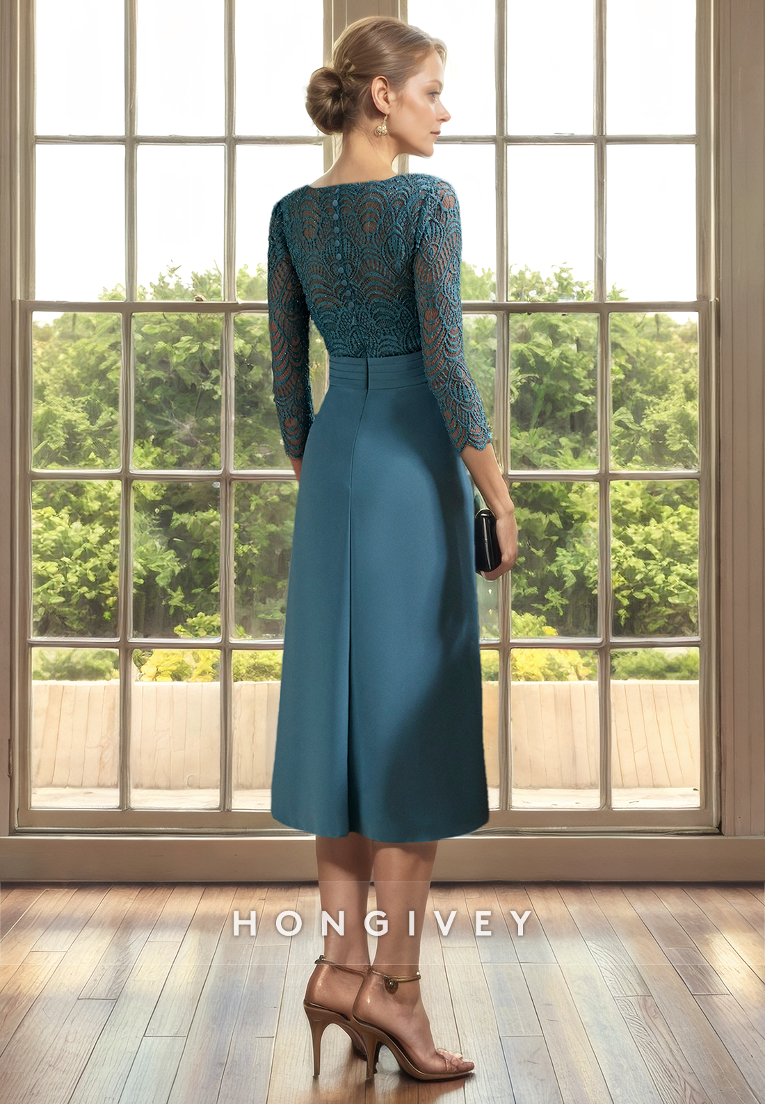 Vneck / Sleeves Ruffled Tealength Cocktail Evening Dress