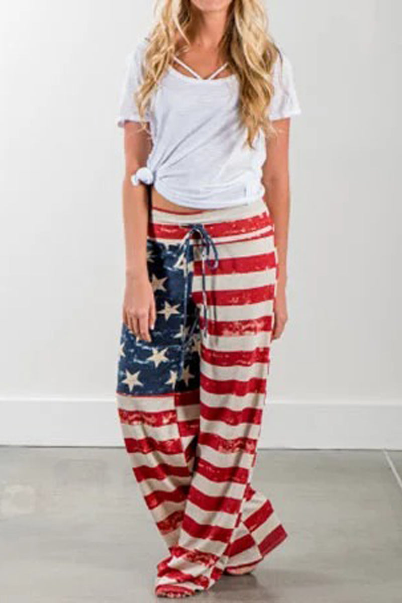 American Flag Drawstring Wide Leg Pants