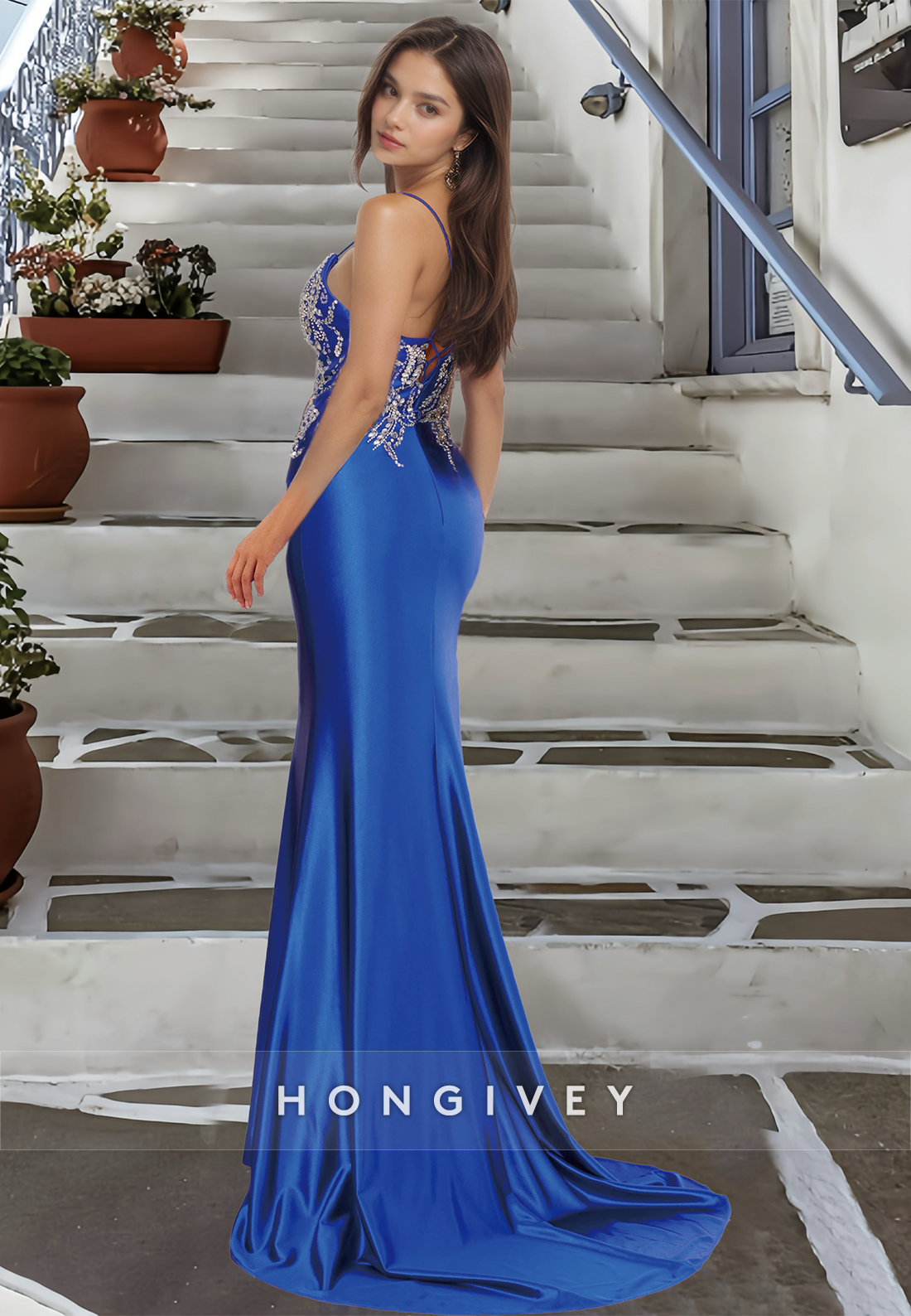 New Glitter Beaded Blue Evening Dress With Side Slit Applique Straps Prom Gown