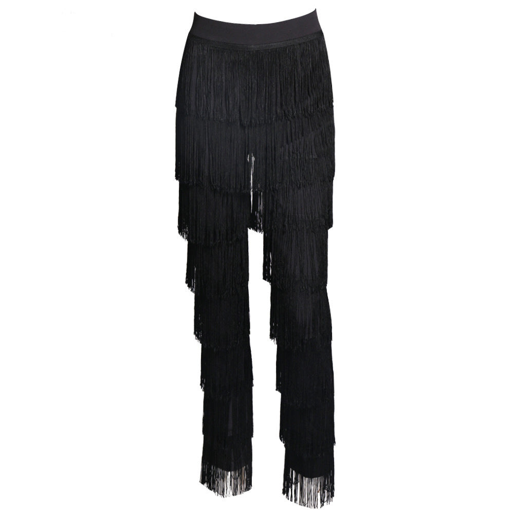 Women Clothing Hip Sexy Slim Tassel Straight Leg Trousers Black