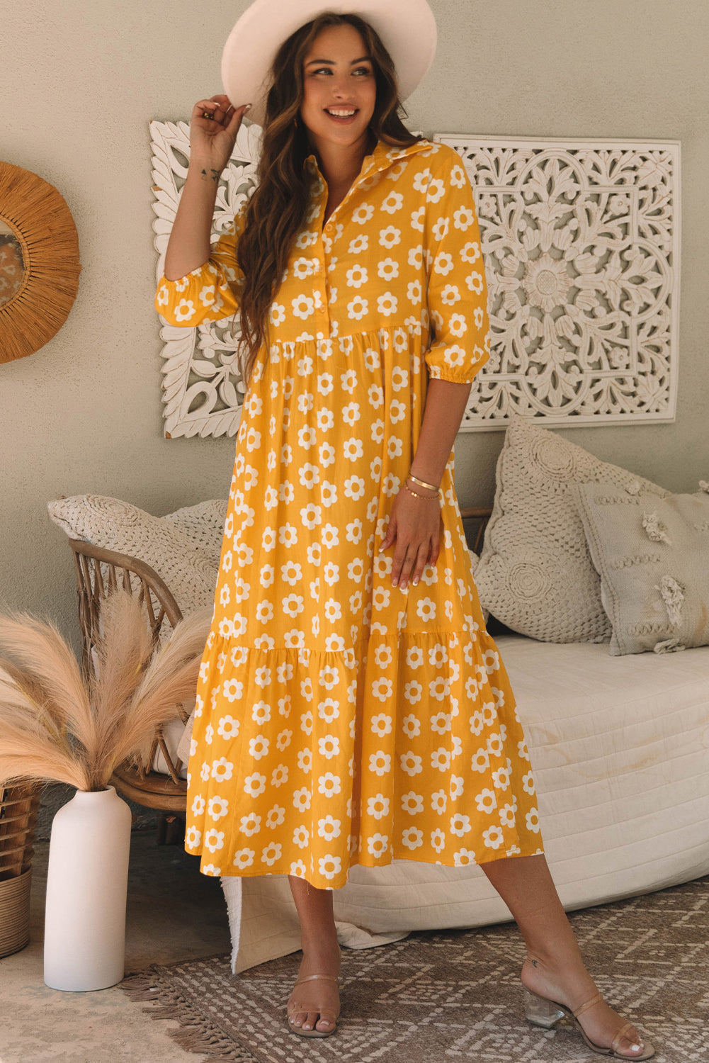 Yellow Flower Print Bracelet Sleeve Buttons Collared Maxi Dress Yellow 100%Cotton