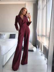 Women Clothing Long Sleeve Slim Fit Bodysuit Solid Color Trousers Burgundy