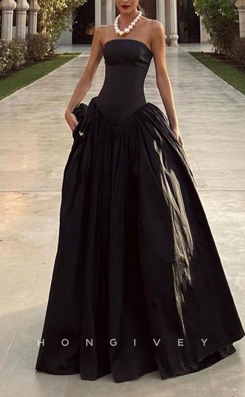 Black Strapless Empire Waist Aline Evening Dress Prom Gown Elegant Women