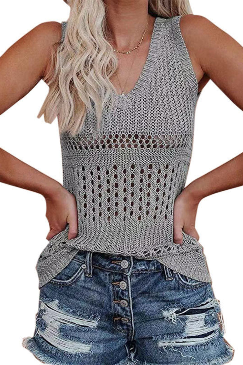 V  Neck Sleeveless  Hollow Out Knit Vest（2 Colors）