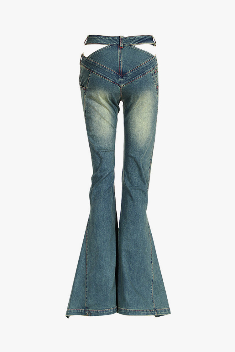 90s Buttoned Criss Cross Waist Cutout Fit & Flare Faded Fishtail Denim Jeans