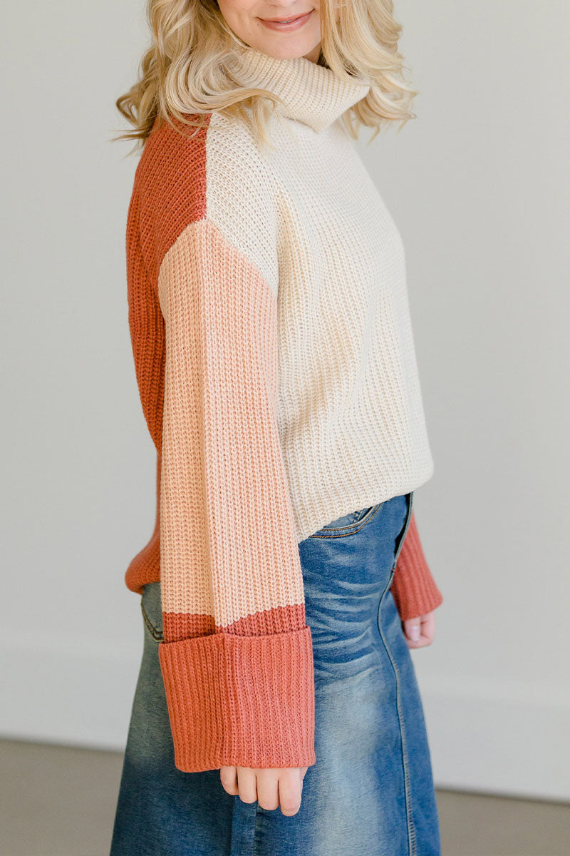 Turtleneck Patchwork Loose  Multicolor Sweater