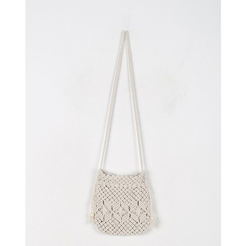 Woven Bag Women Crossbody Bag Cotton Thread Straw Bag Shoulder Handmade Bag Drawstring Woven Bag Beach Bag One Size Beige