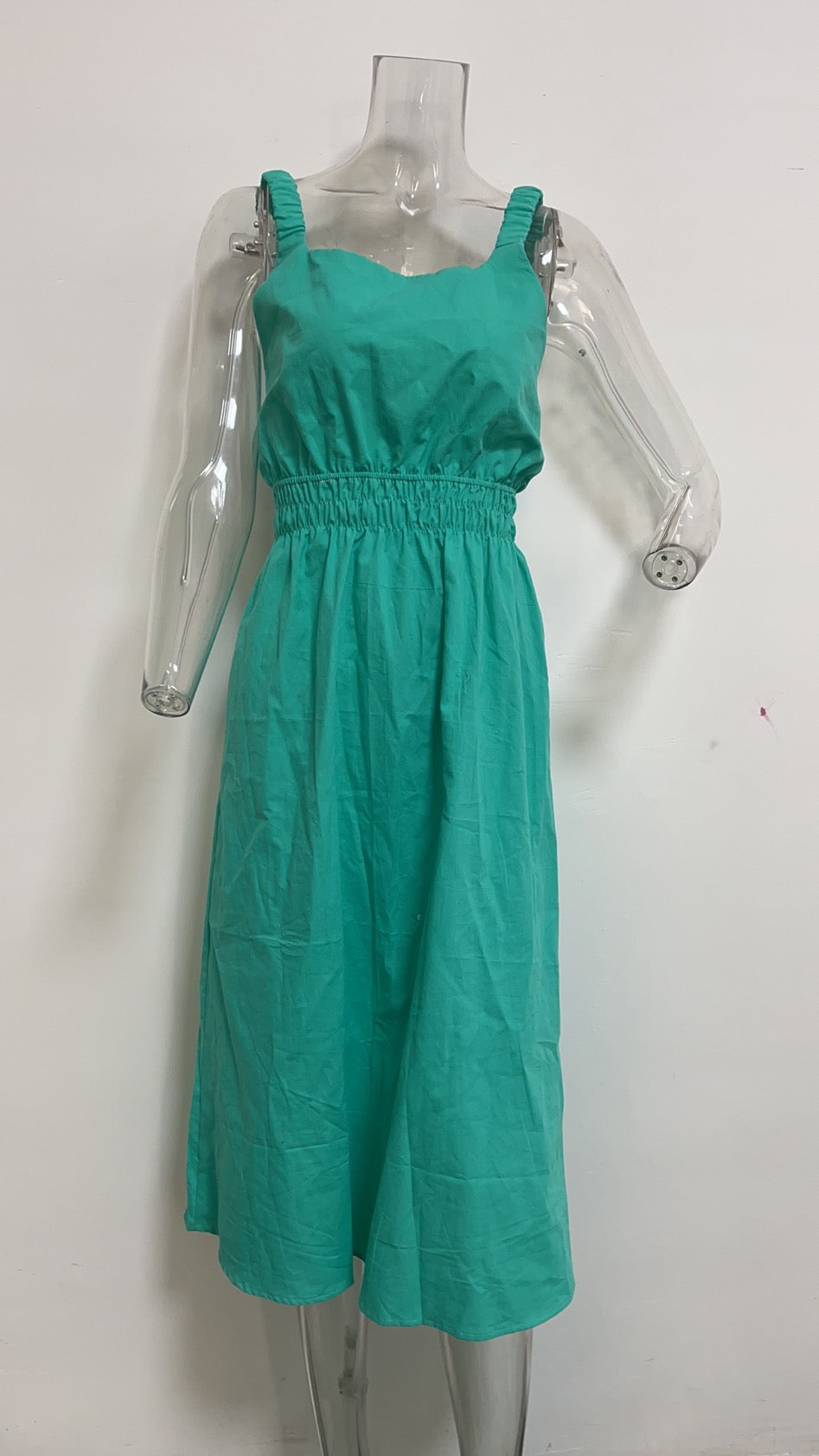 Spring Summer Backless Casual Waist Tight Mid Waist Solid Color Mid-Length Dress Green