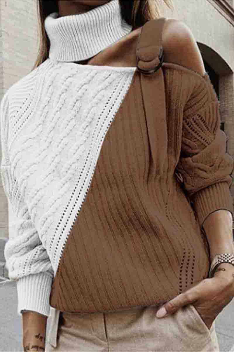 Turtleneck One Shoulder Patchwork Loose  Sweater（4 Colors）