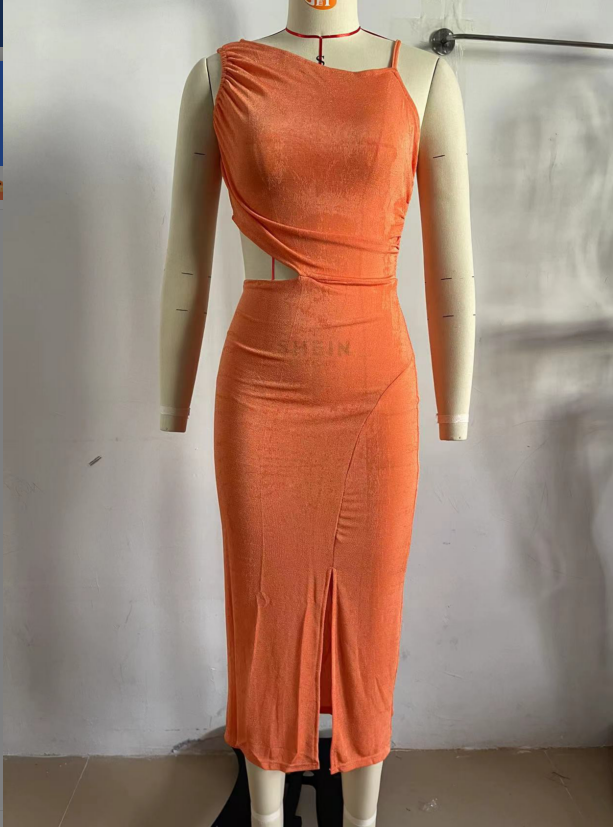 Spring Summer New Single-Shoulder Suspender Solid Color Stretch Knitted Midi Dress Orange