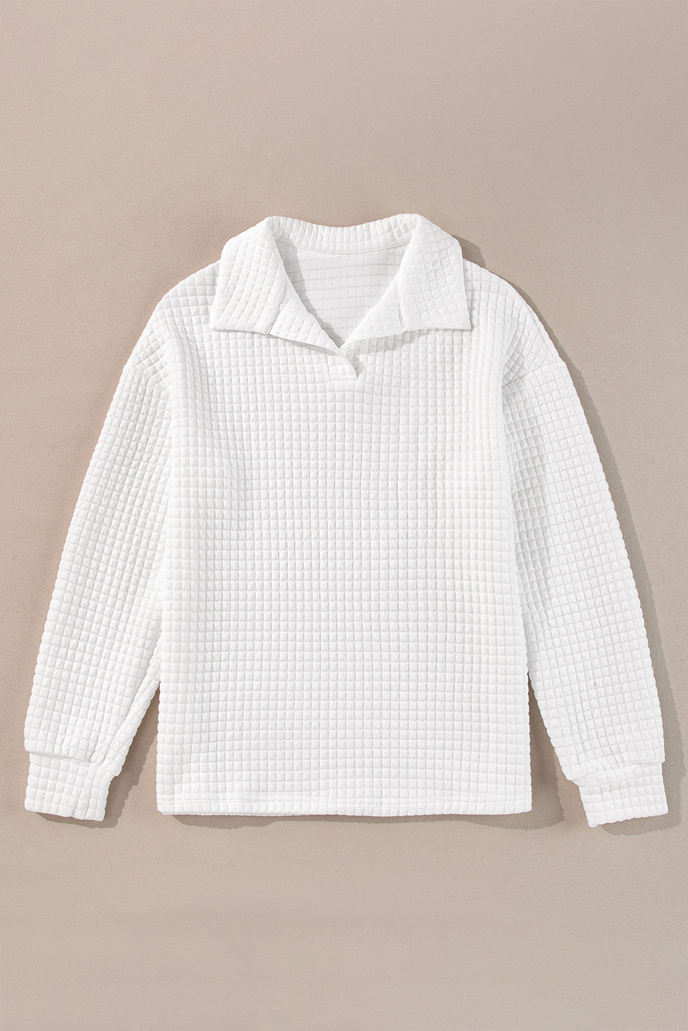 White Quilted Texture Sporty Collared Long Sleeve Top