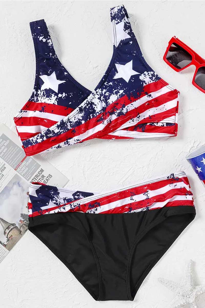 American Flag Star Lace Up Two Piece Swimsuit