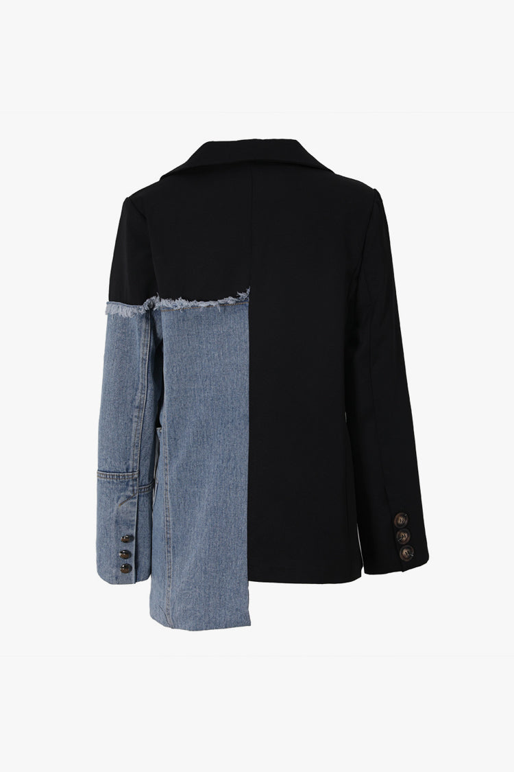 Asymmetric Lapel Shoulder Pad Single Breasted Frayed Denim Spliced Blazer