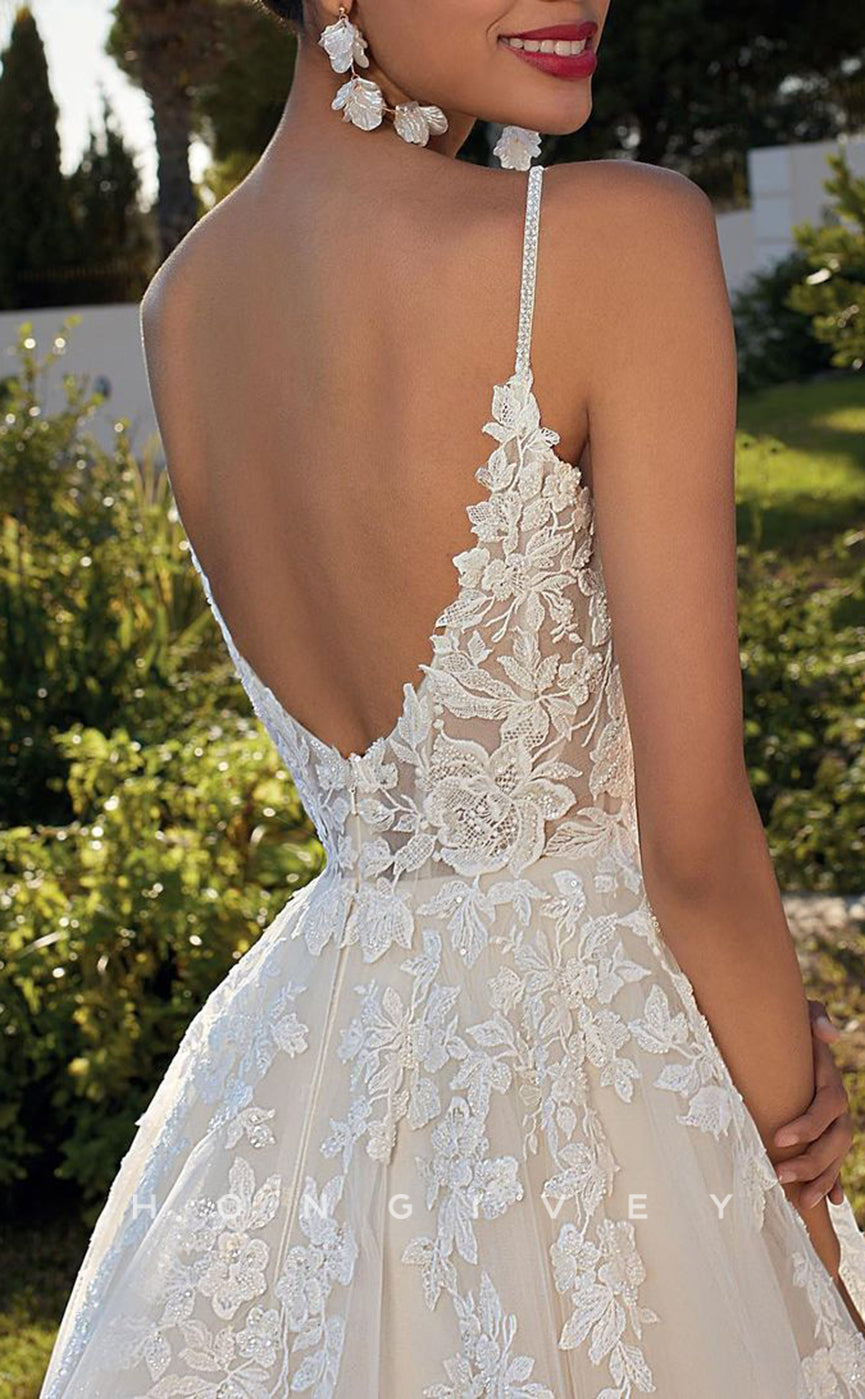 H Sexy Tulle Aline Vneck Spaghetti Straps Empire Lace Appliques With Train Wedding Dress