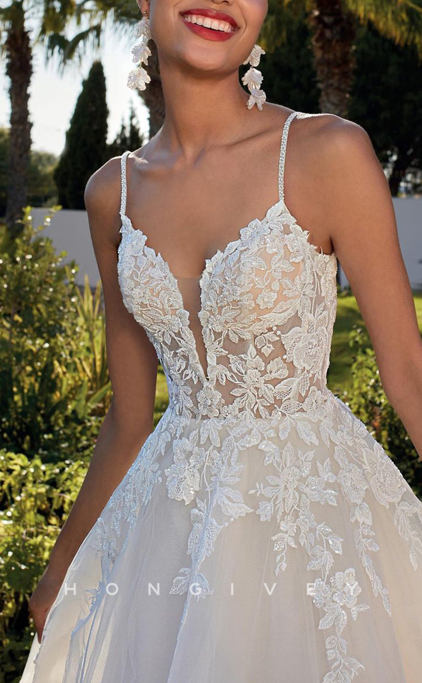 H Sexy Tulle Aline Vneck Spaghetti Straps Empire Lace Appliques With Train Wedding Dress