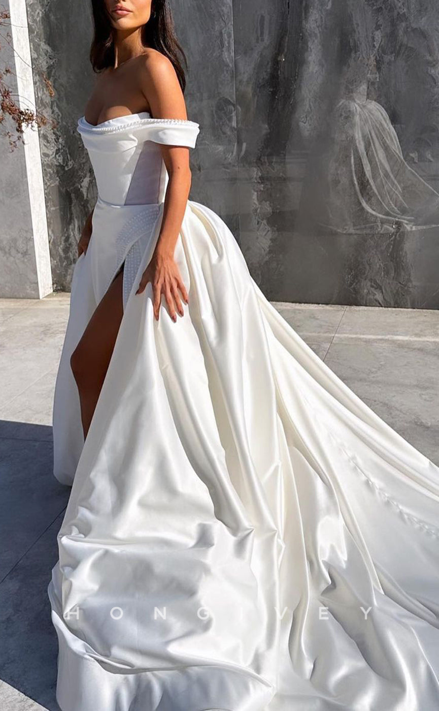 H Sexy Satin Aline Offshoulder Empire Ruched Beaded With Side Slit Train Wedding Dress