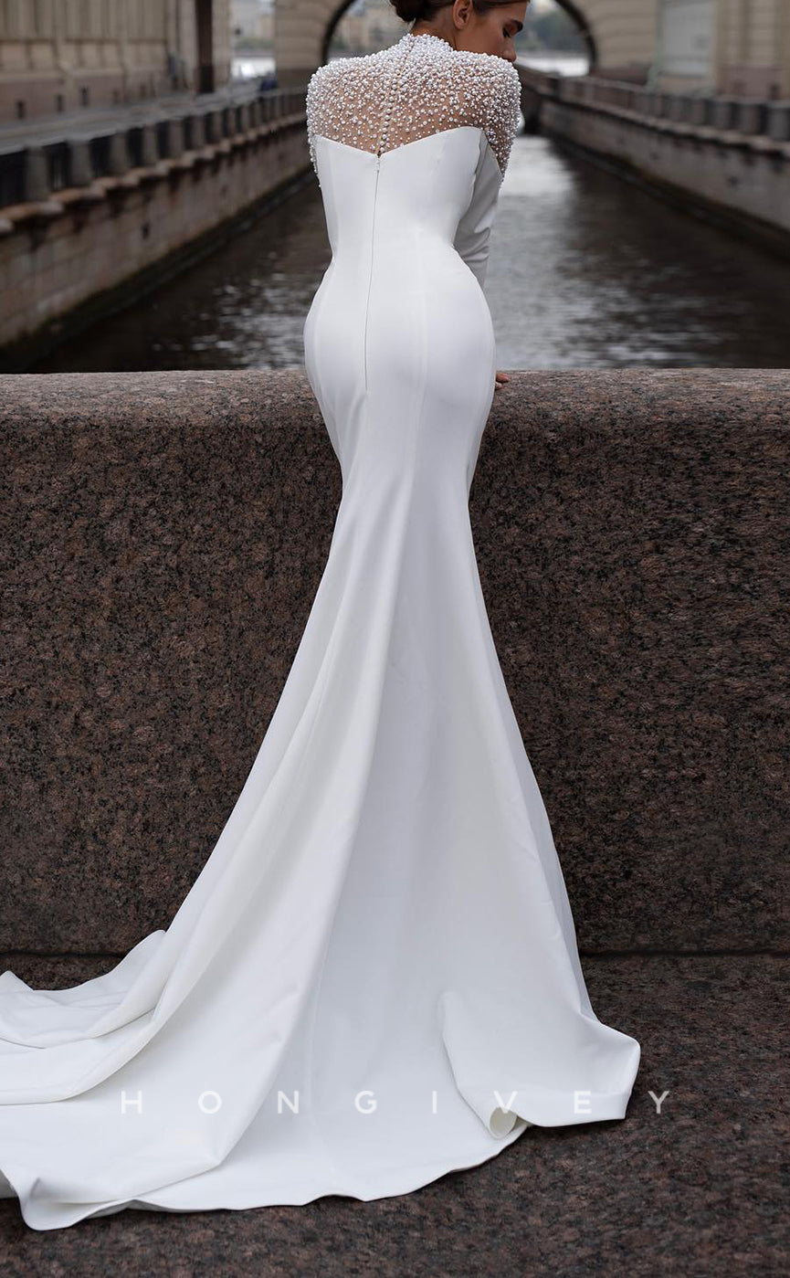 H Sexy Satin Trumpet High Neck Empire Long Sleeve Beaded With Train Wedding Dress