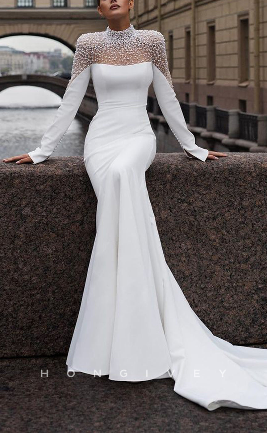 H Sexy Satin Trumpet High Neck Empire Long Sleeve Beaded With Train Wedding Dress