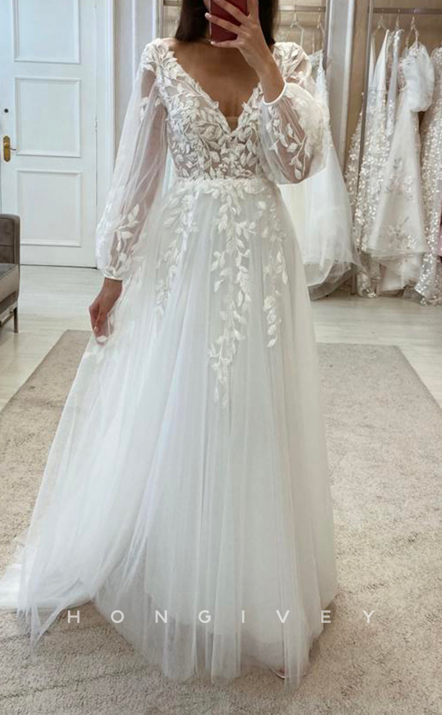 H Tulle Vneck Empire Long Sleeve Lace Applique Classic Aline Boho Wedding Dress