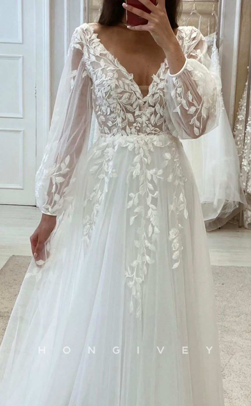 H Tulle Vneck Empire Long Sleeve Lace Applique Classic Aline Boho Wedding Dress