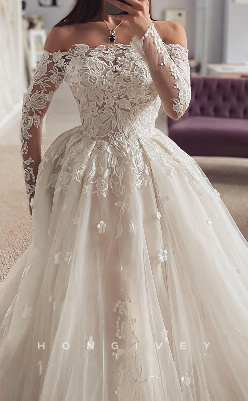 H Sexy Tulle Aline Offshoulder Long Sleeve Empire Lace Applique With Train Wedding Dress