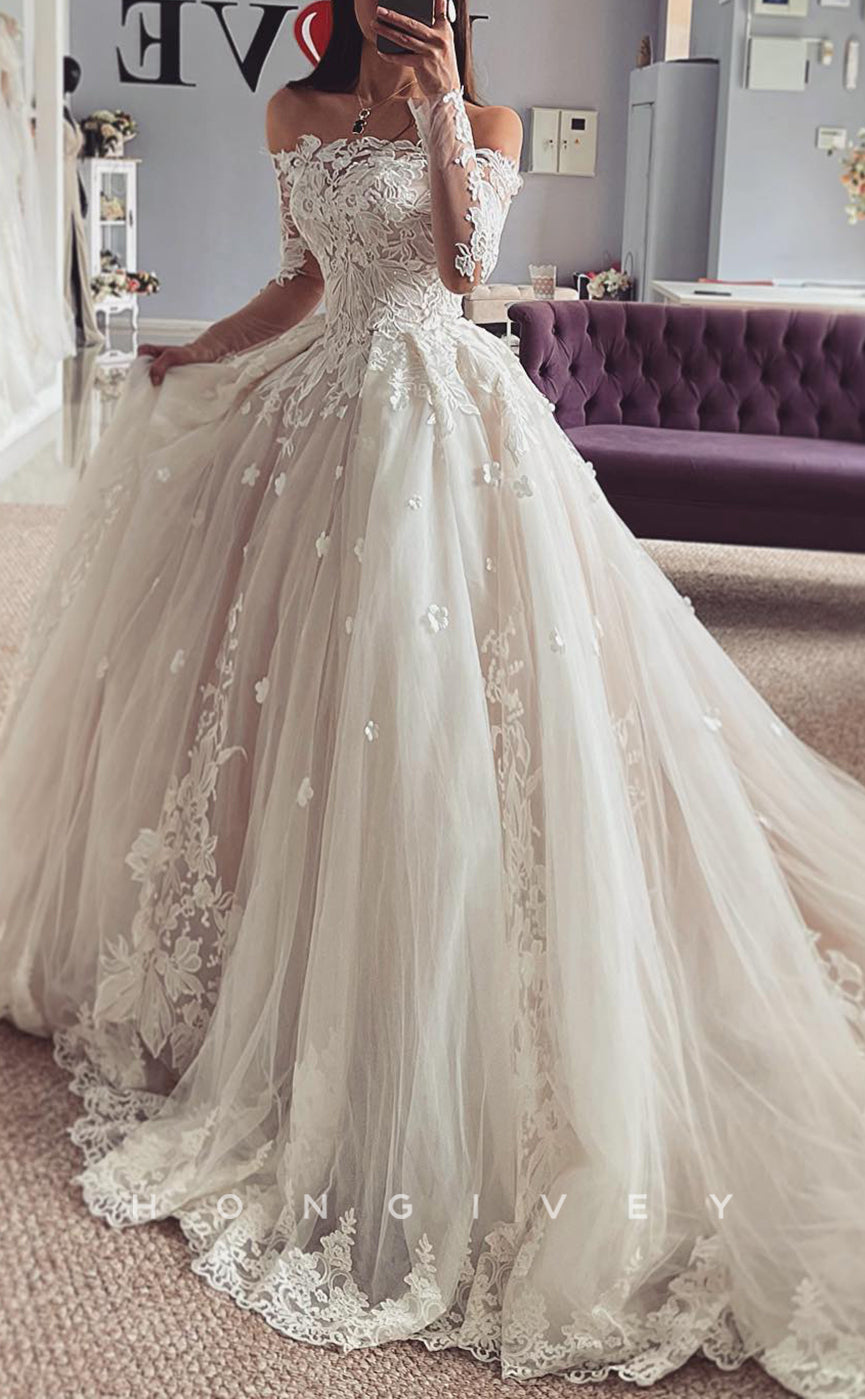 H Sexy Tulle Aline Offshoulder Long Sleeve Empire Lace Applique With Train Wedding Dress