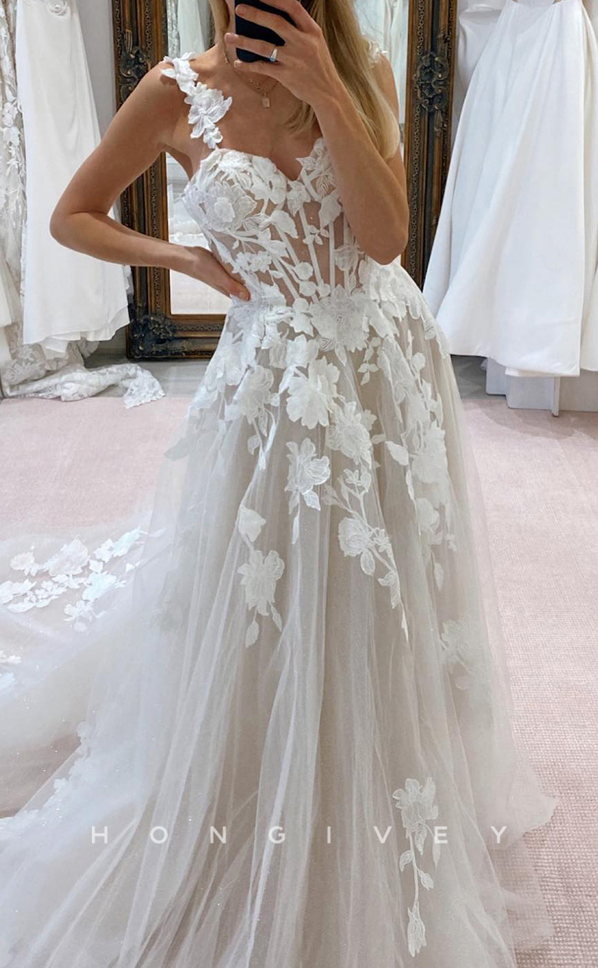 H Chic Tulle Aline Sweetheart Spaghetti Straps Illusion Empire Lace Applique With Tulle Train Wedding Dress