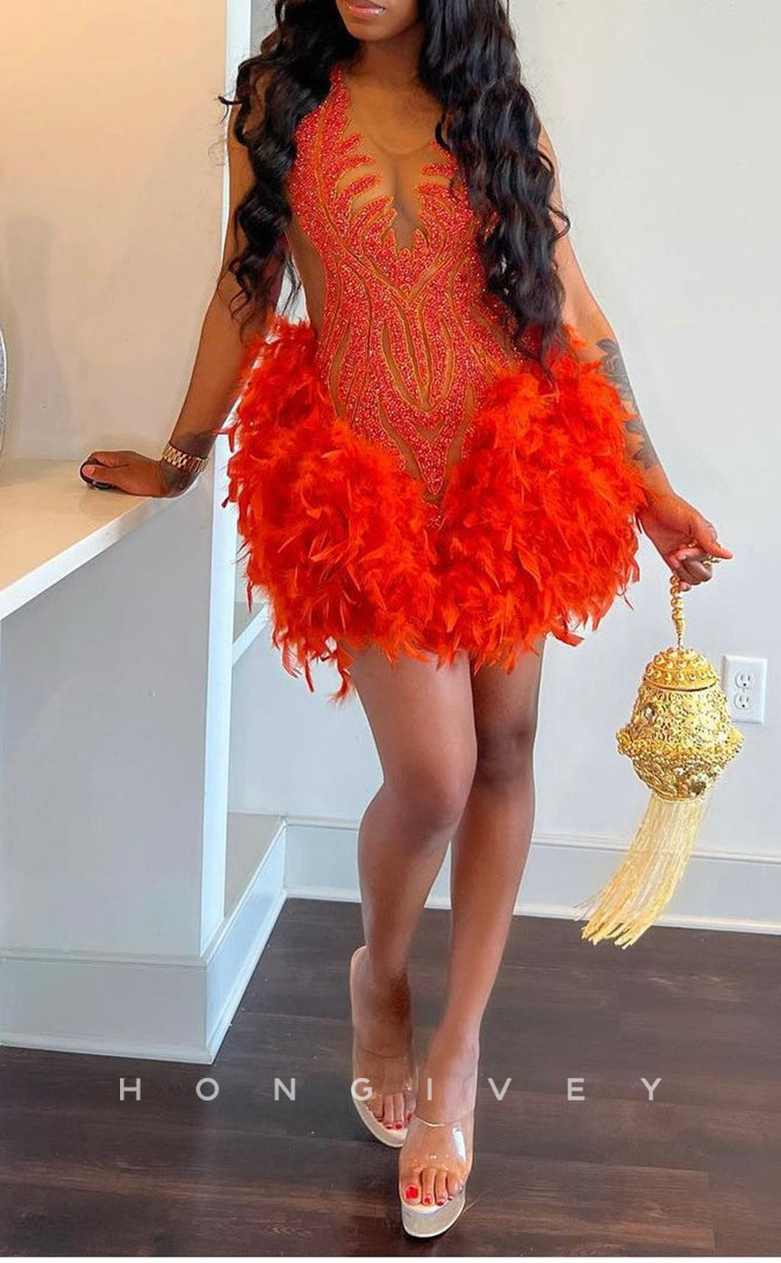 H Sexy Fitted Glitter Scoop Sleeveless Feathers Beaded Homecoming Dresses For Black Women