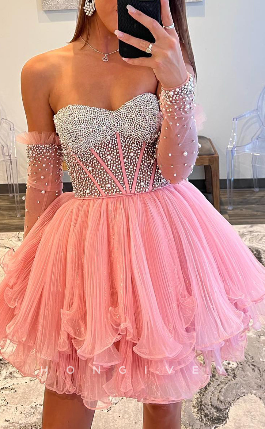 H Sexy Glitter Aline Empire Sweetheart Strapless Long Sleeves Short Party/Homecoming Dress