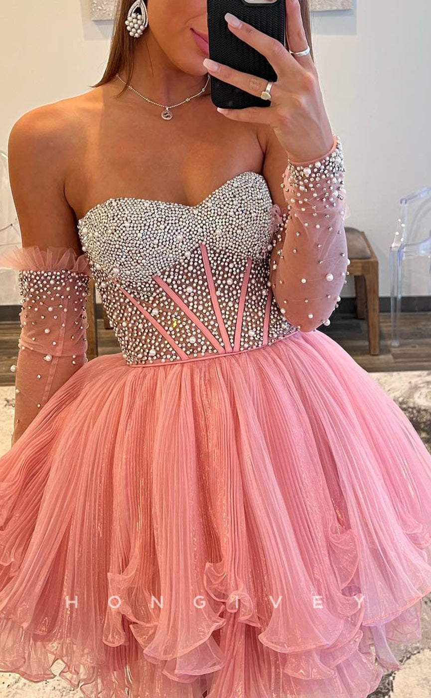 H Sexy Glitter Aline Empire Sweetheart Strapless Long Sleeves Short Party/Homecoming Dress