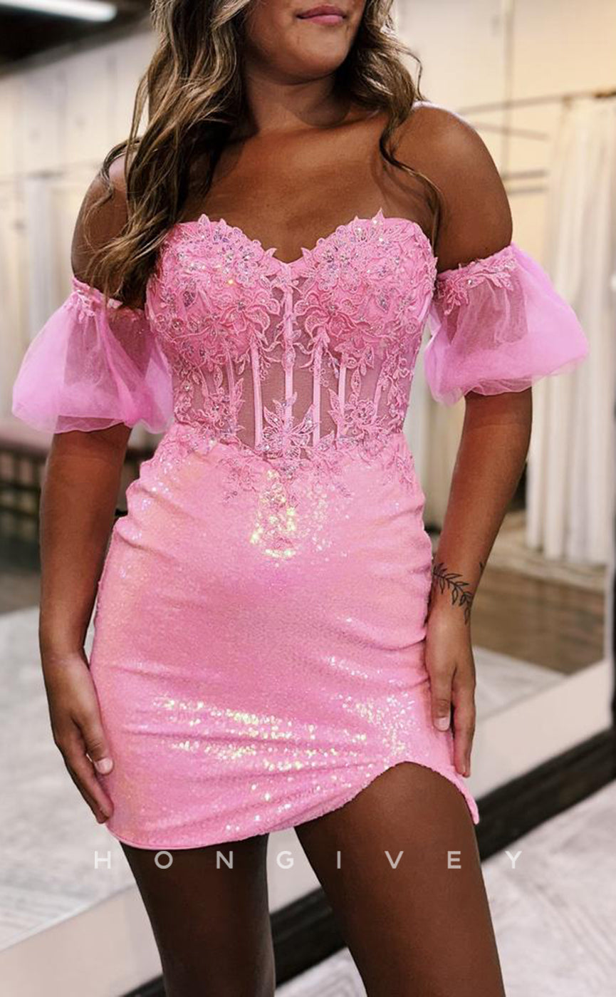 H Sexy Fitted Glitter Sweetheart Strapless Puff Sleeves Gown Appliques Party/Homecoming Dress