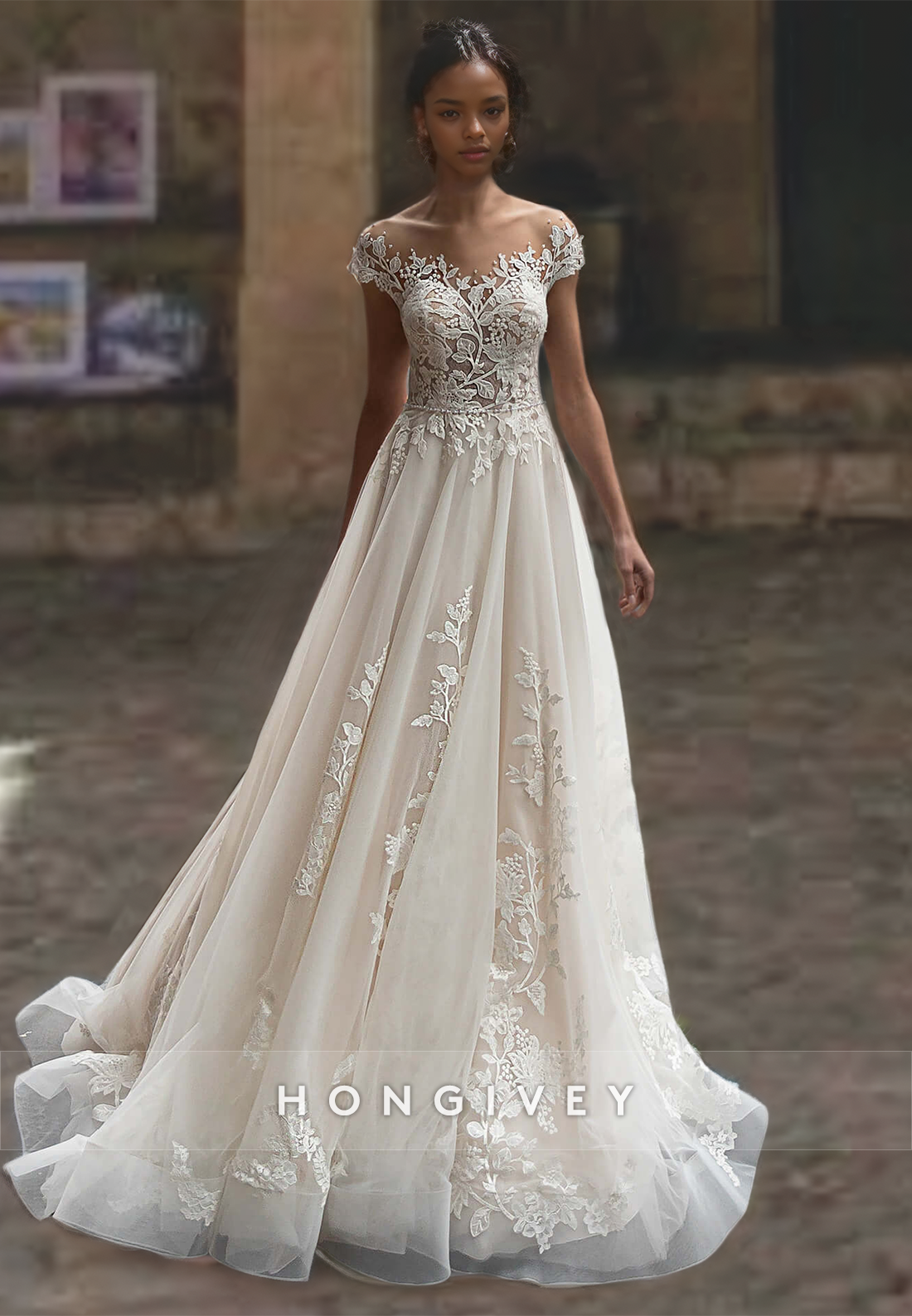 Sexy Tulle Aline Sweetheart Cap Sleeves Empire Appliques Beaded Wedding Dress