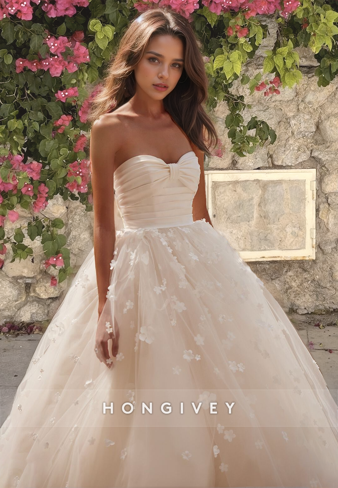 Sexy Tulle Aline Sweetheart Strapless Empire Floral Embossed With Tulle Train Wedding Dress