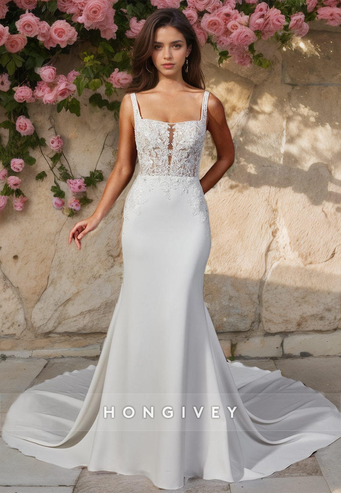 Sexy Satin Trumpet Square Straps Illusion Empire Beaded Appliques With Train Wedding Dress