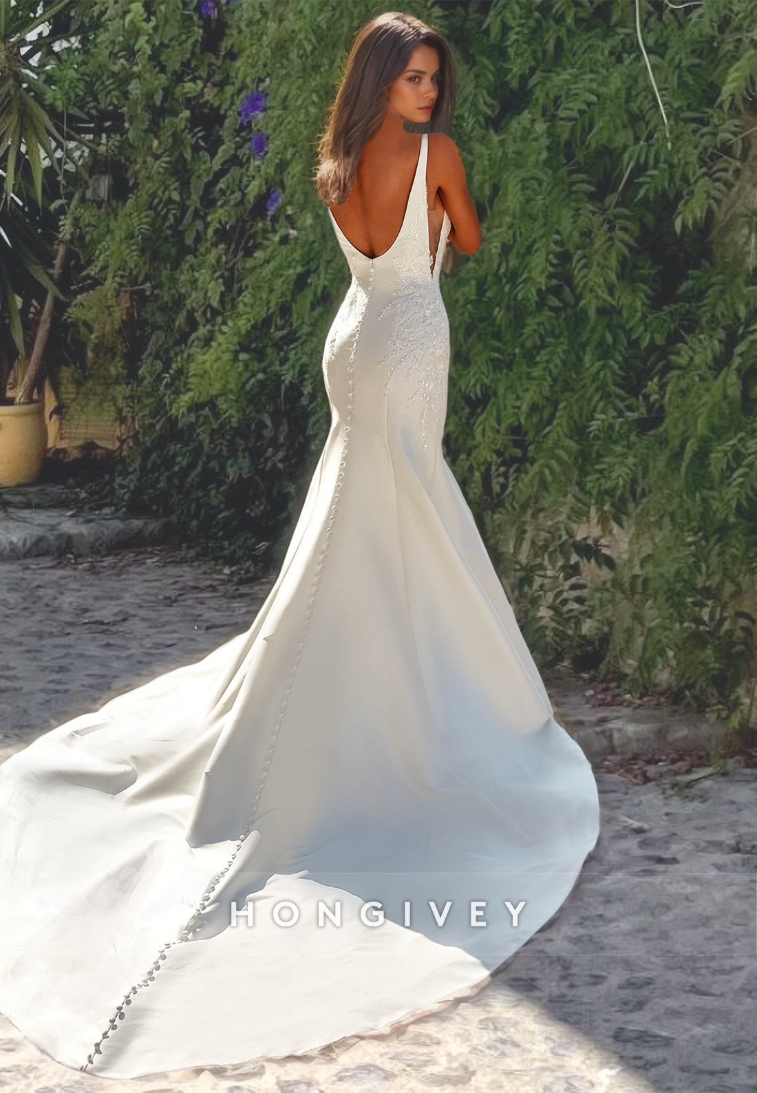 Sexy Satin Trumpet Vneck Straps Sleeveless Empire Beaded Appliques With Train Wedding Dress