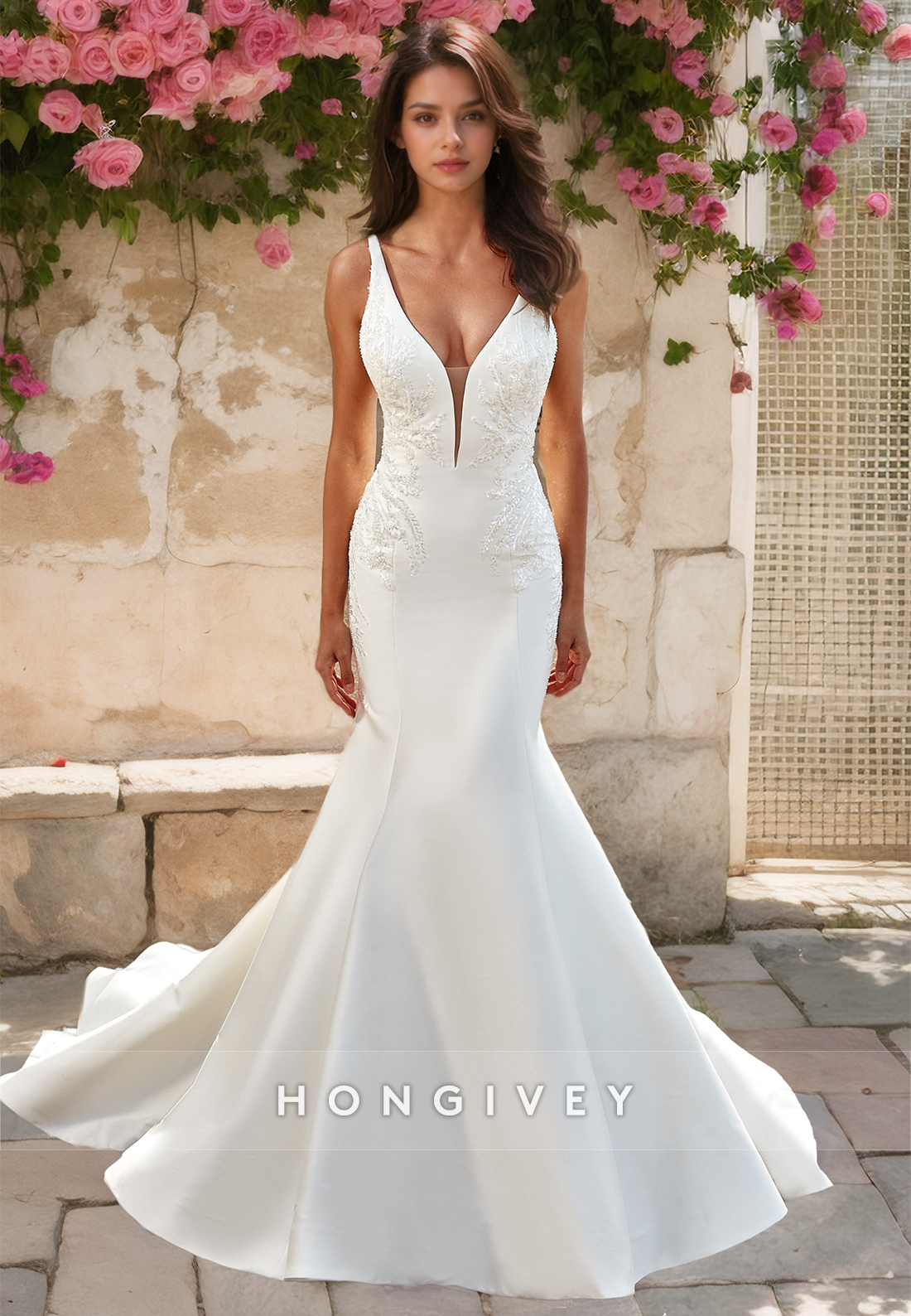 Sexy Satin Trumpet Vneck Straps Sleeveless Empire Beaded Appliques With Train Wedding Dress