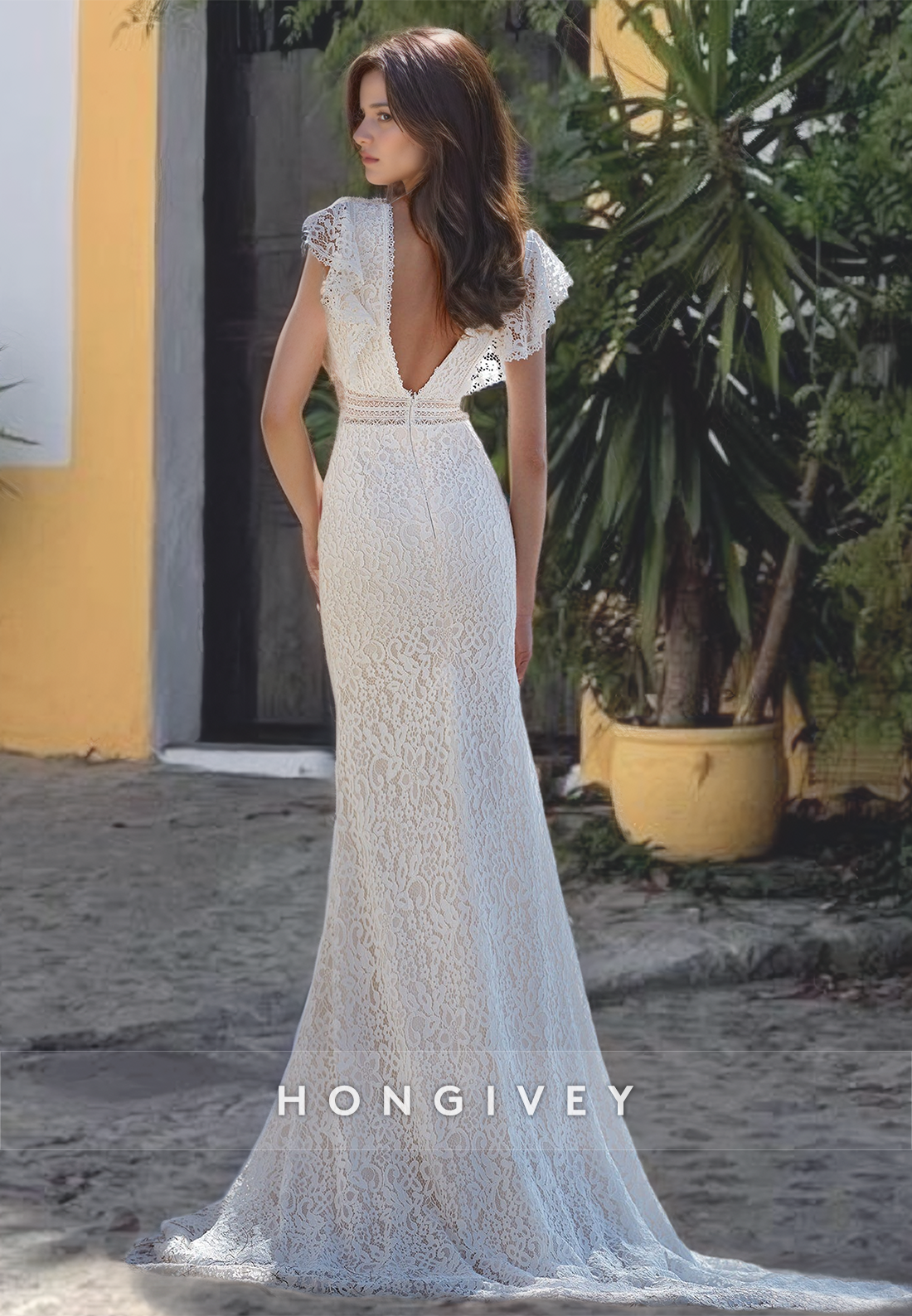 Sexy Lace Trumpt Vneck Ruffled Empire Illusion Fully Appliques With Train Boho Wedding Dress