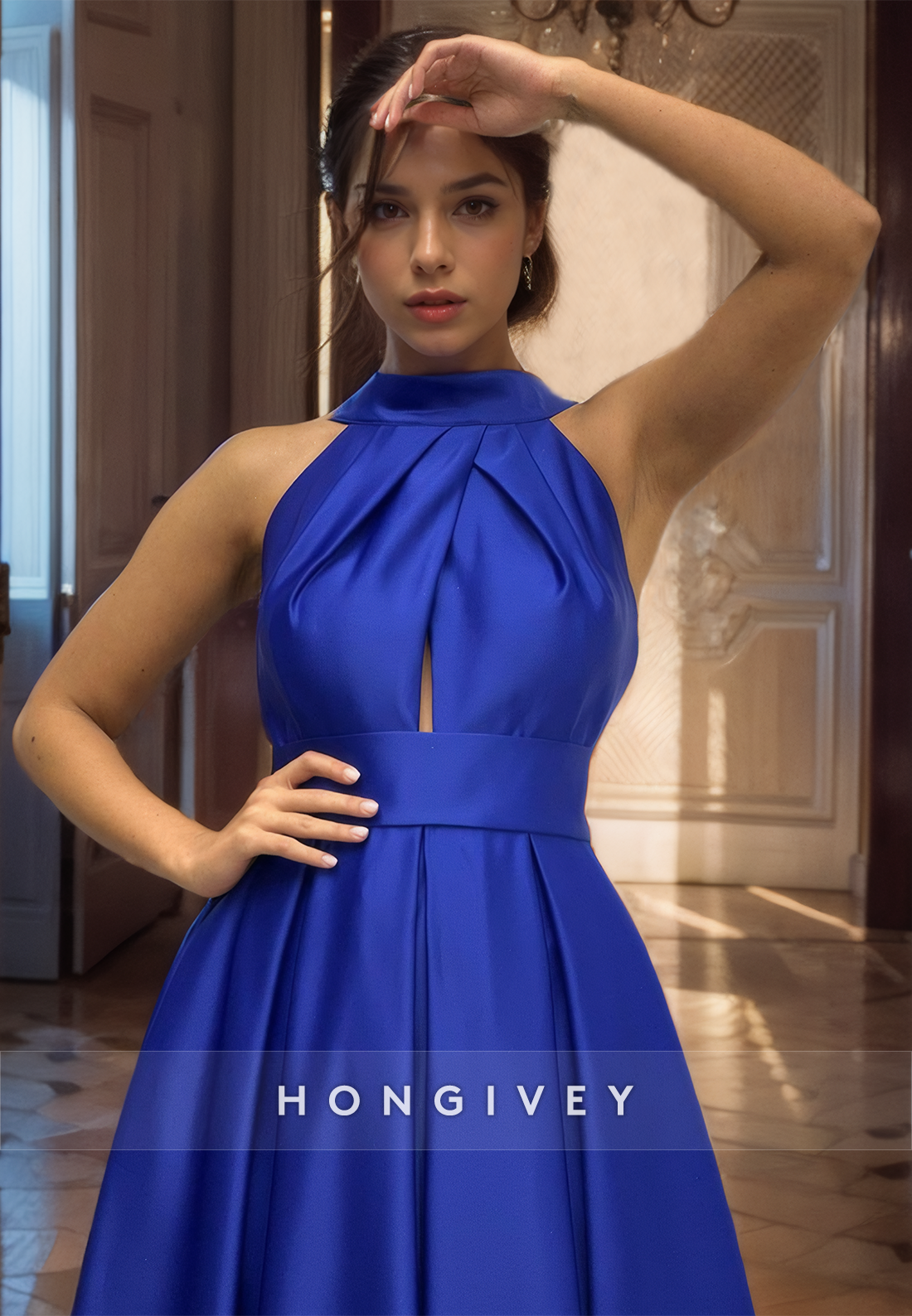 Sexy Backless Aline Prom Gown Evening Dress Satin Crossneck Royal Blue Party Dress