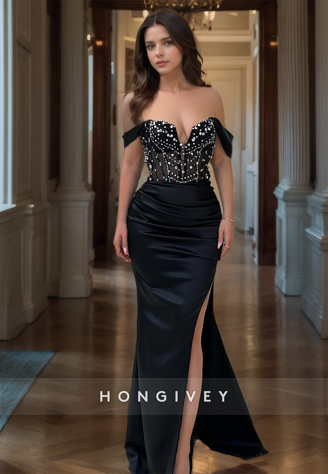 Luxurious Beaded Black Mermaid Prom Gown Offshoulder Long Party Evening Dress