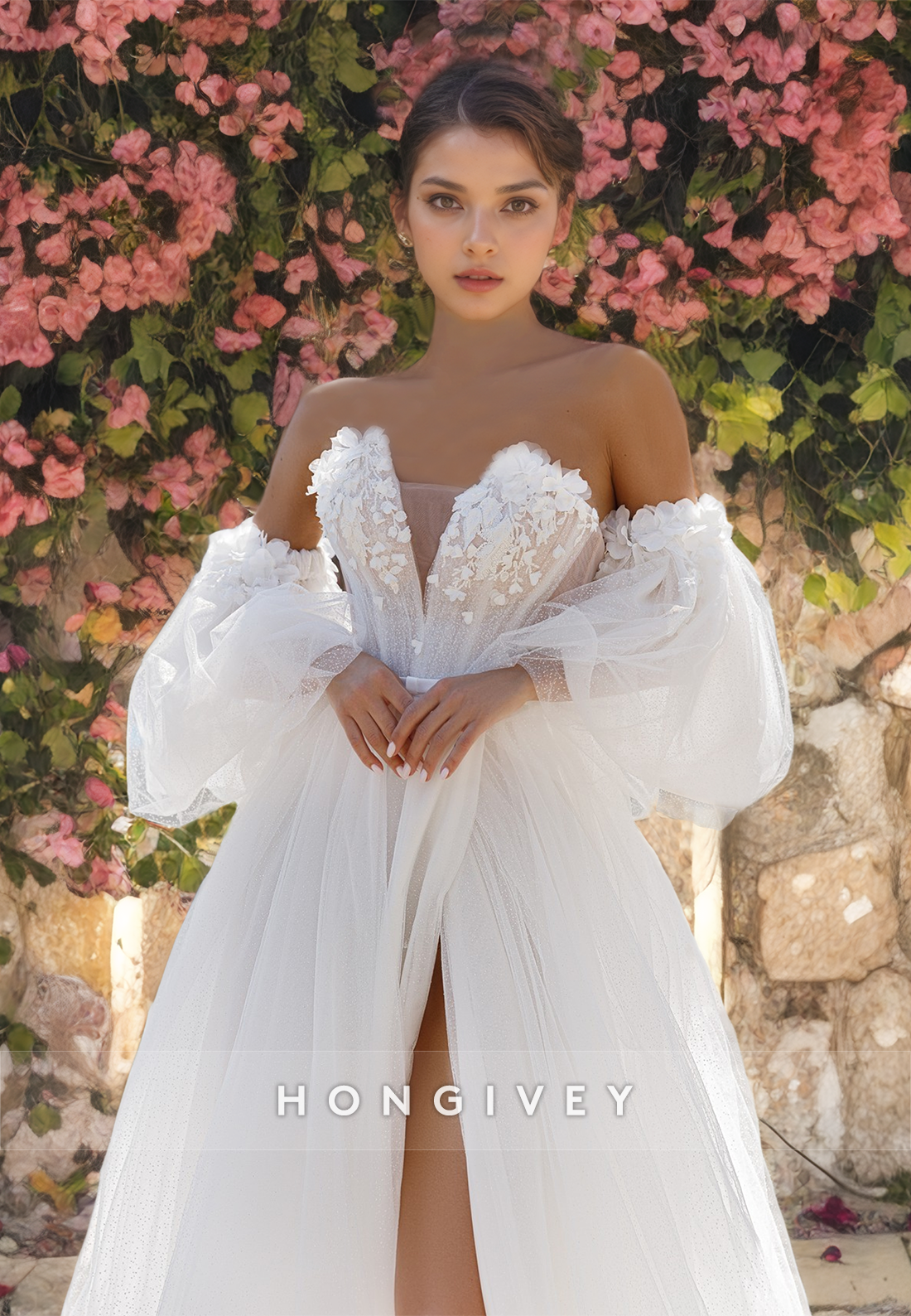 Sweet Tulle Sweetheart Strapless Offshoulder Aline With Side Slit Wedding Dress