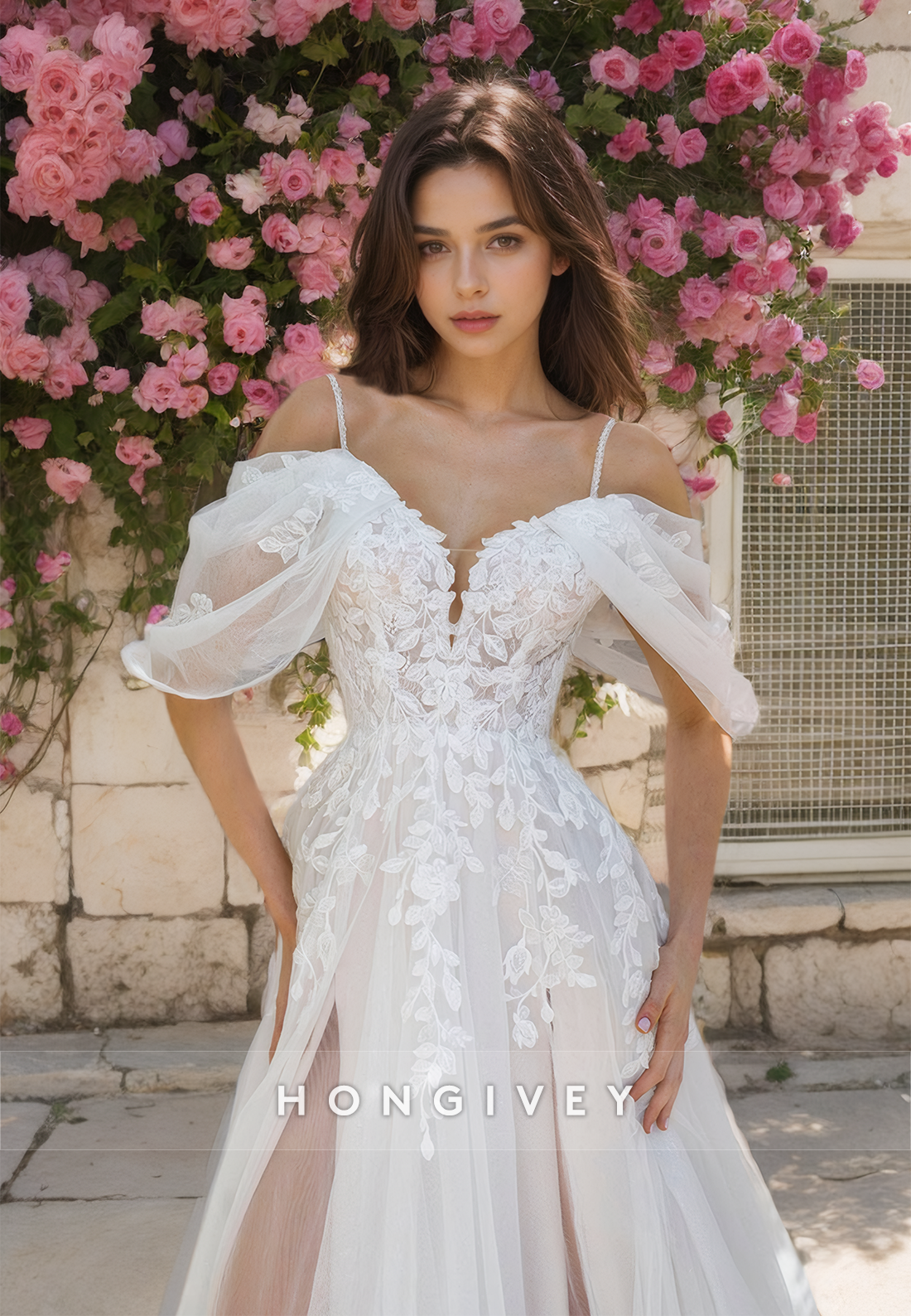 Offshoulder Tulle Wedding Dress Straps With Side Slit Elegant Bride Gown