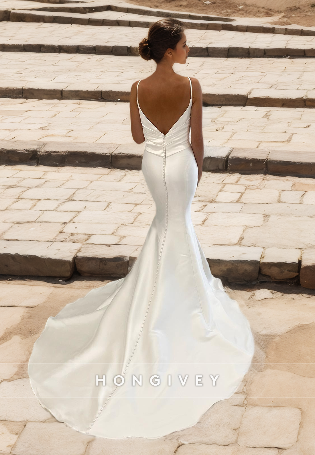 Sexy Vneck Straps Mermaid Satin Wedding Dress Simple Engagement Bride Gown