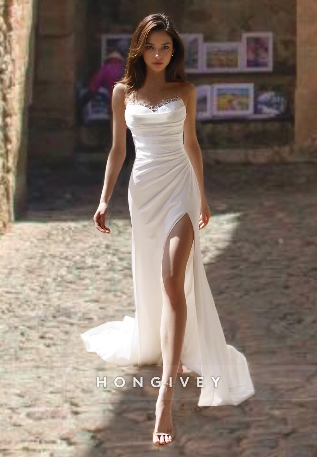 Sexy Strapless Sheath Beaded Satin Side Slit Wedding Dress Bride Gown