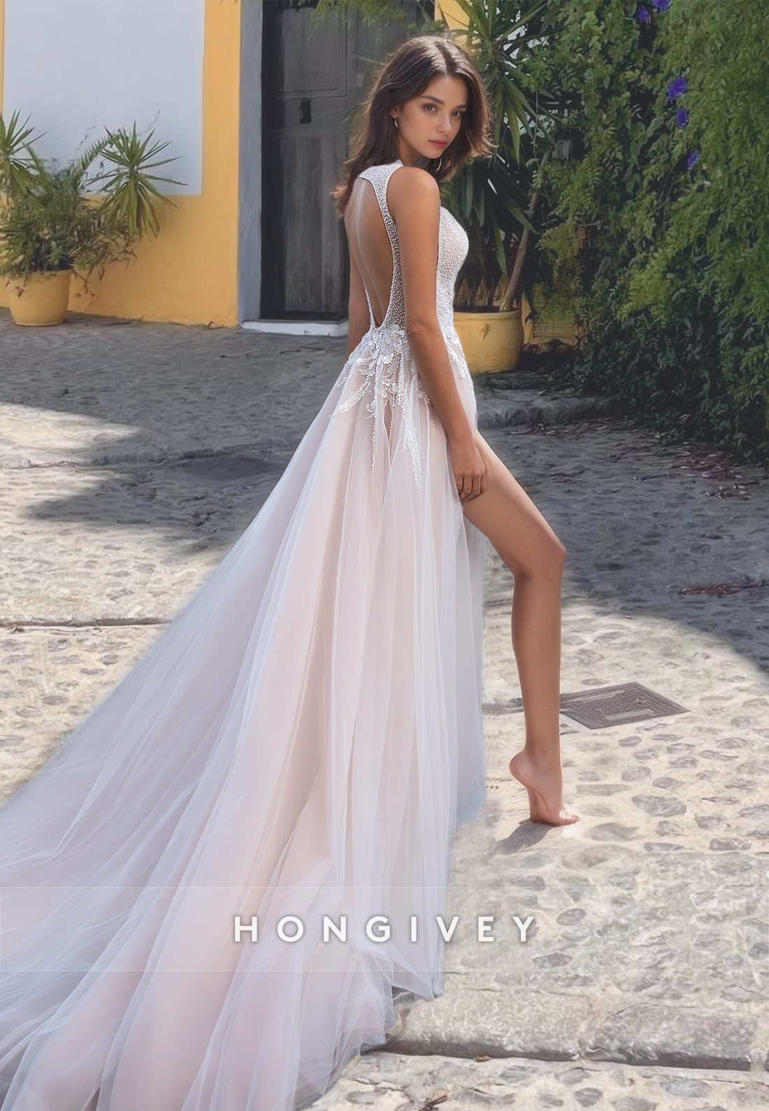 Sexy Deep Vneck Side Slit Applique Tulle Beach Wedding Dress Gown