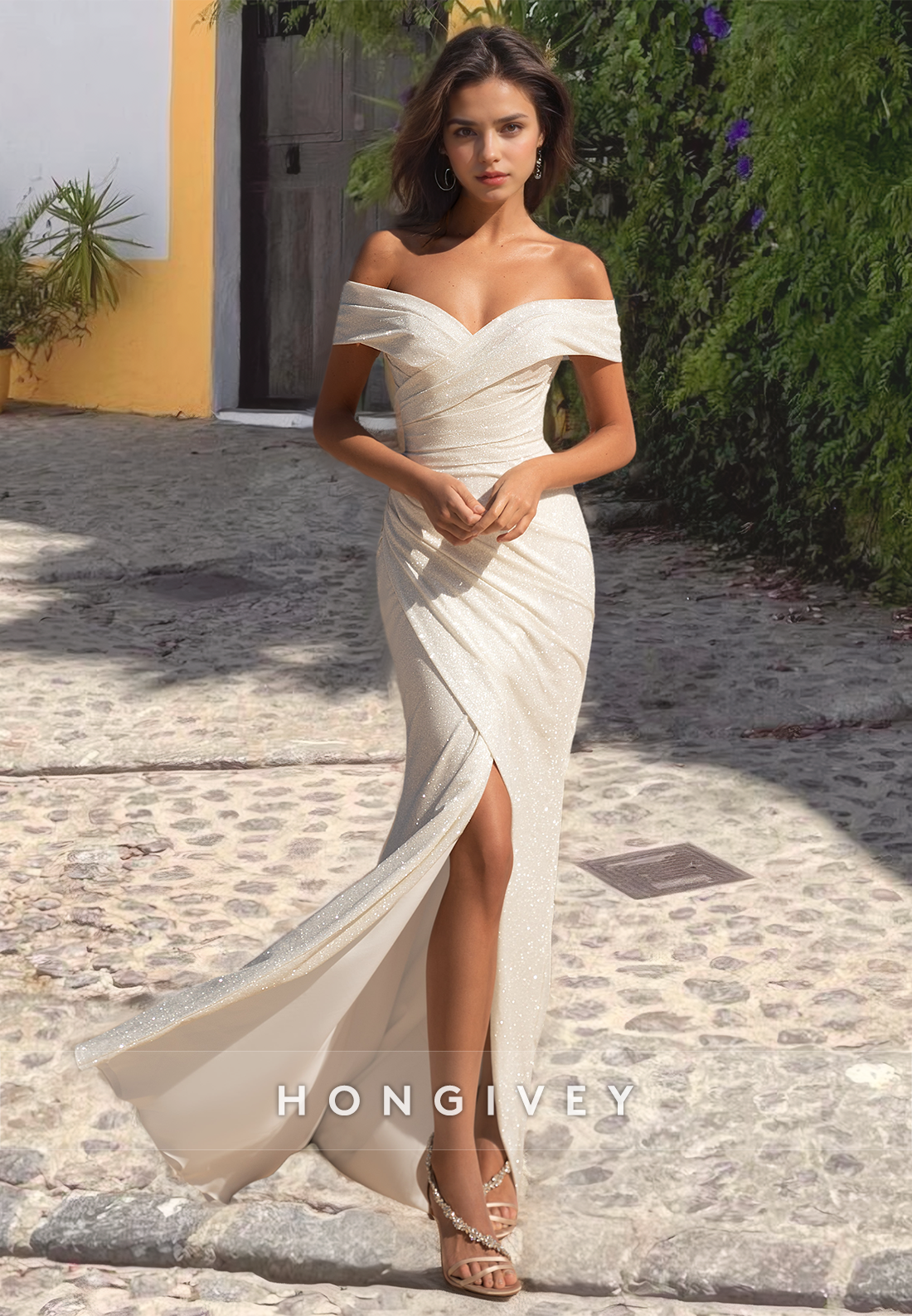 Sexy Glitter Offshoulder With Side Slit Ruched Engagement Wedding Dress